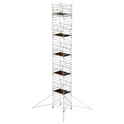 Un échafaudage haut et à plusieurs niveaux avec cinq plateformes et une base stable, adapté aux travaux en hauteur.