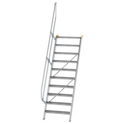 Escalier métallique à dix marches avec une rampe du côté gauche, vu de profil.