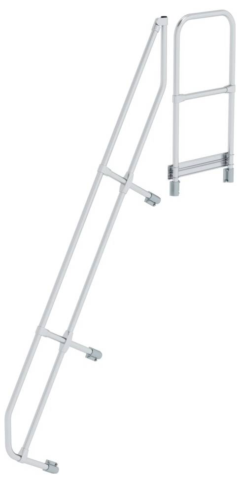 Échelle en métal blanc avec main courante, adaptée à l'installation dans un endroit en pente, tel qu'un grenier ou une plateforme.
