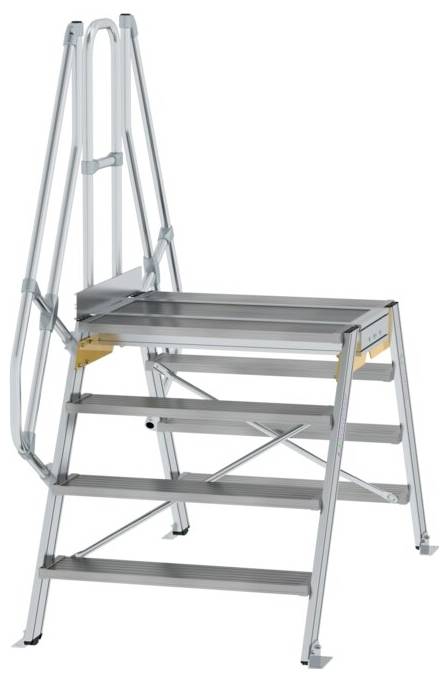 Échelle à quatre marches avec plateforme en métal. Parfaite pour les travaux en hauteur, stabilité assurée grâce à des marches larges et une rambarde.