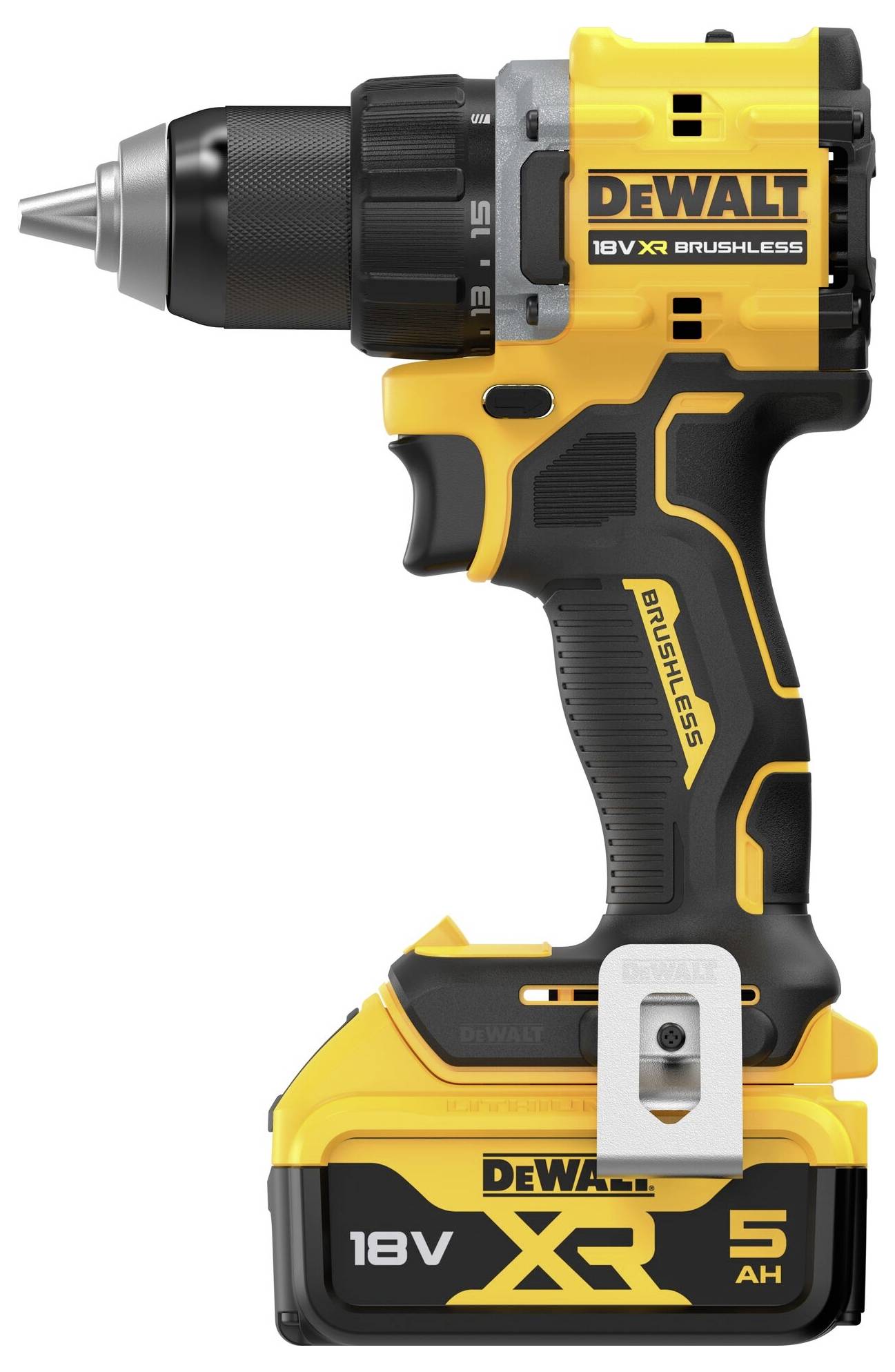 Un tournevis sans fil jaune et noir de la marque DeWalt, modèle 18V XR Brushless, avec un design robuste pour les projets de bricolage.