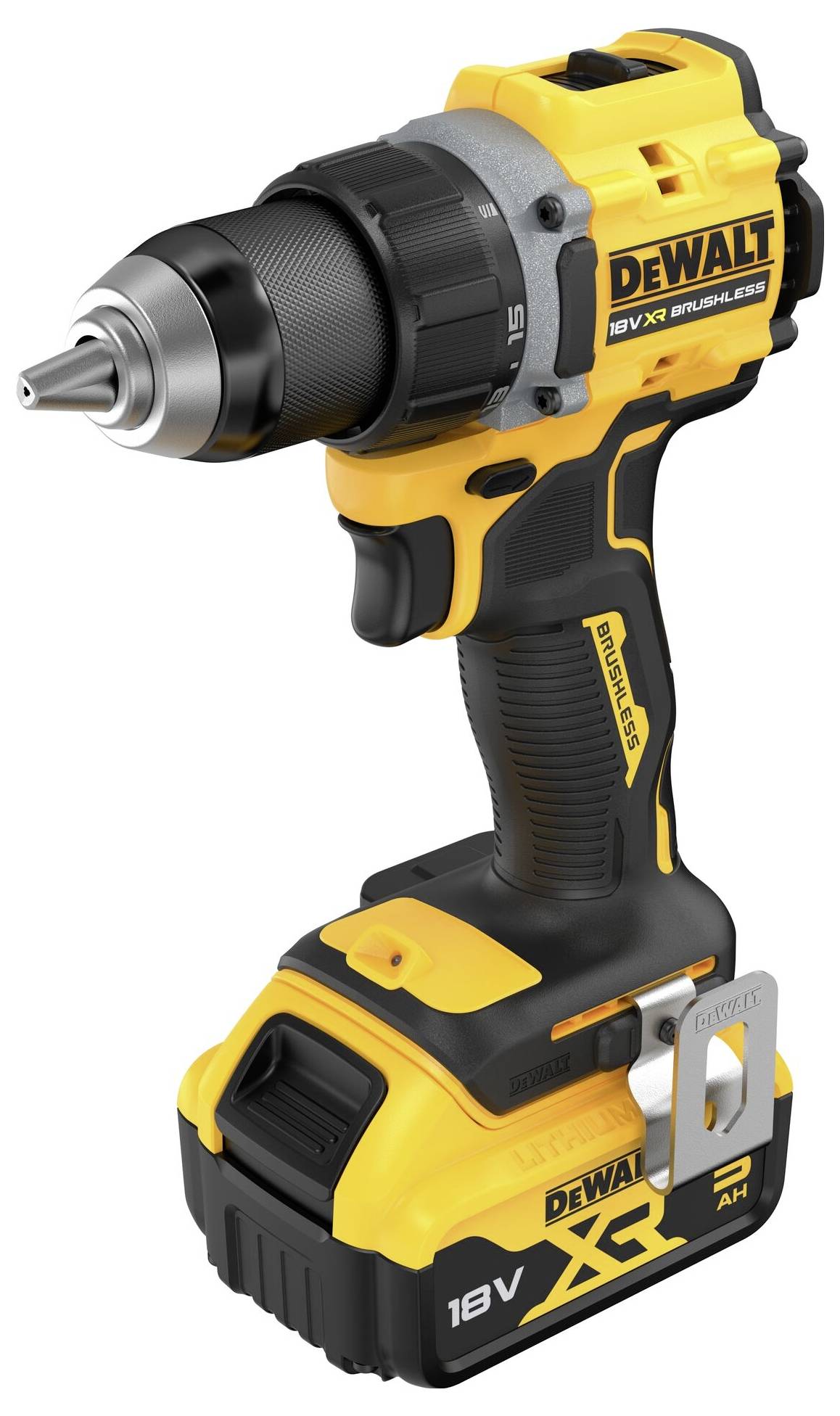 Perceuse électrique sans fil en noir et jaune ; batterie 18V ; compacte, idéale pour les projets de bricolage.