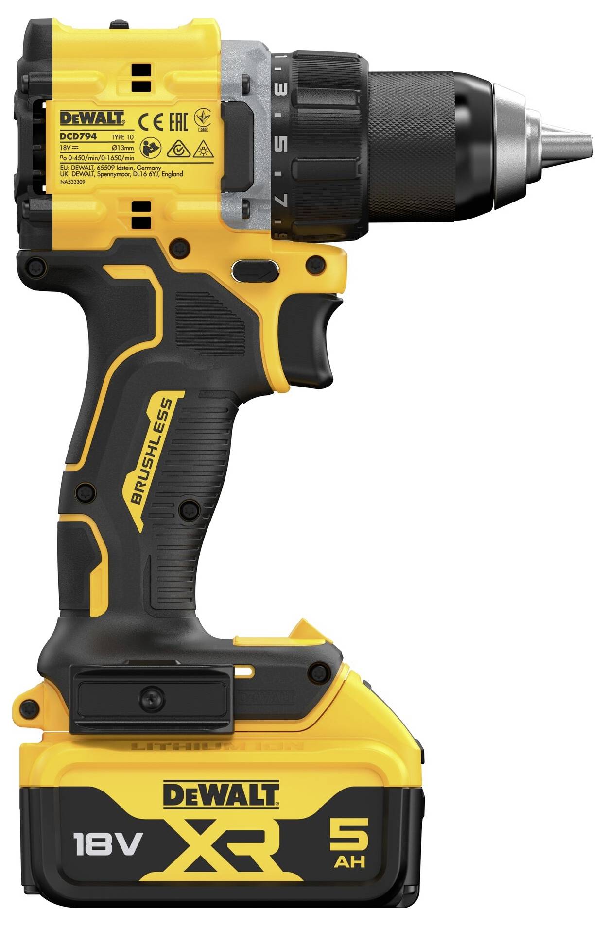 'Perceuse-visseuse sans fil DEWALT, modèle XR 18V avec batterie 5 Ah et moteur brushless, vue latérale.'