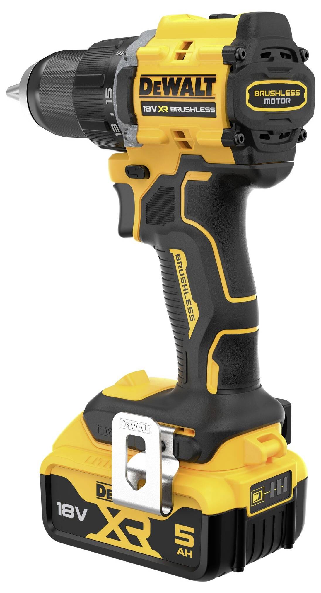 Un grand tournevis sans fil noir et jaune avec inscription 'DeWalt'. Il dispose d'une poignée robuste et d'une batterie de 18V avec une capacité de 5 Ah.