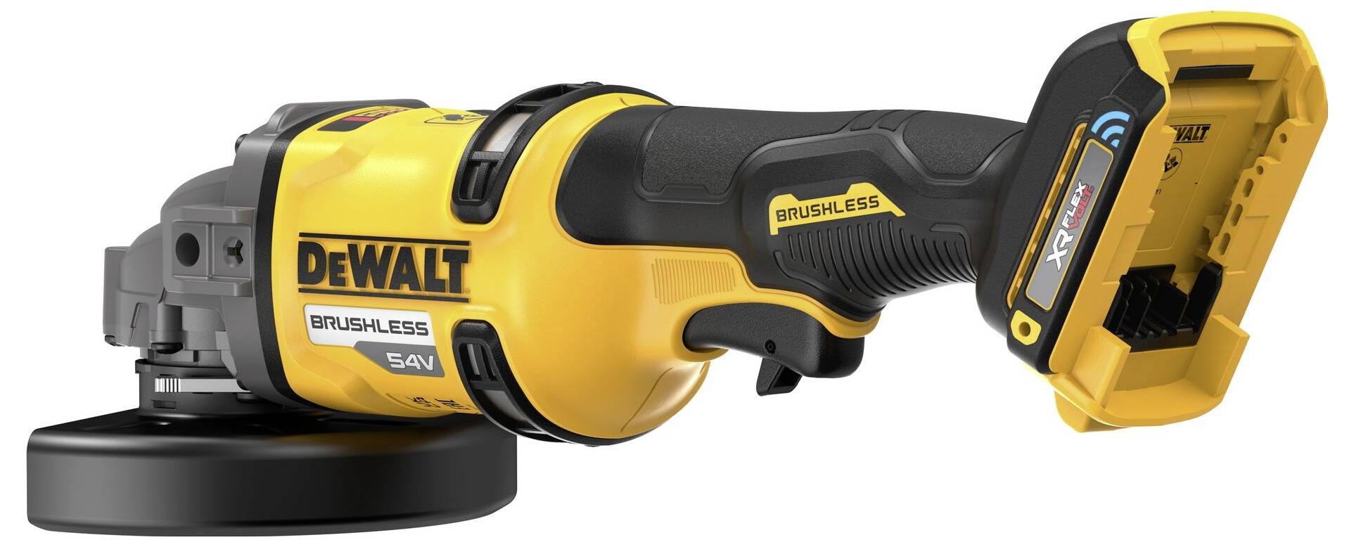 Meuleuse d'angle sans fil dans un coloris jaune et noir. Marquage 'DeWALT Brushless 54V'. Appareil pour applications industrielles.