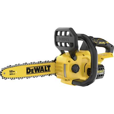 Une tronçonneuse jaune et noire de la marque DeWalt avec une longueur de guide de 30 cm.