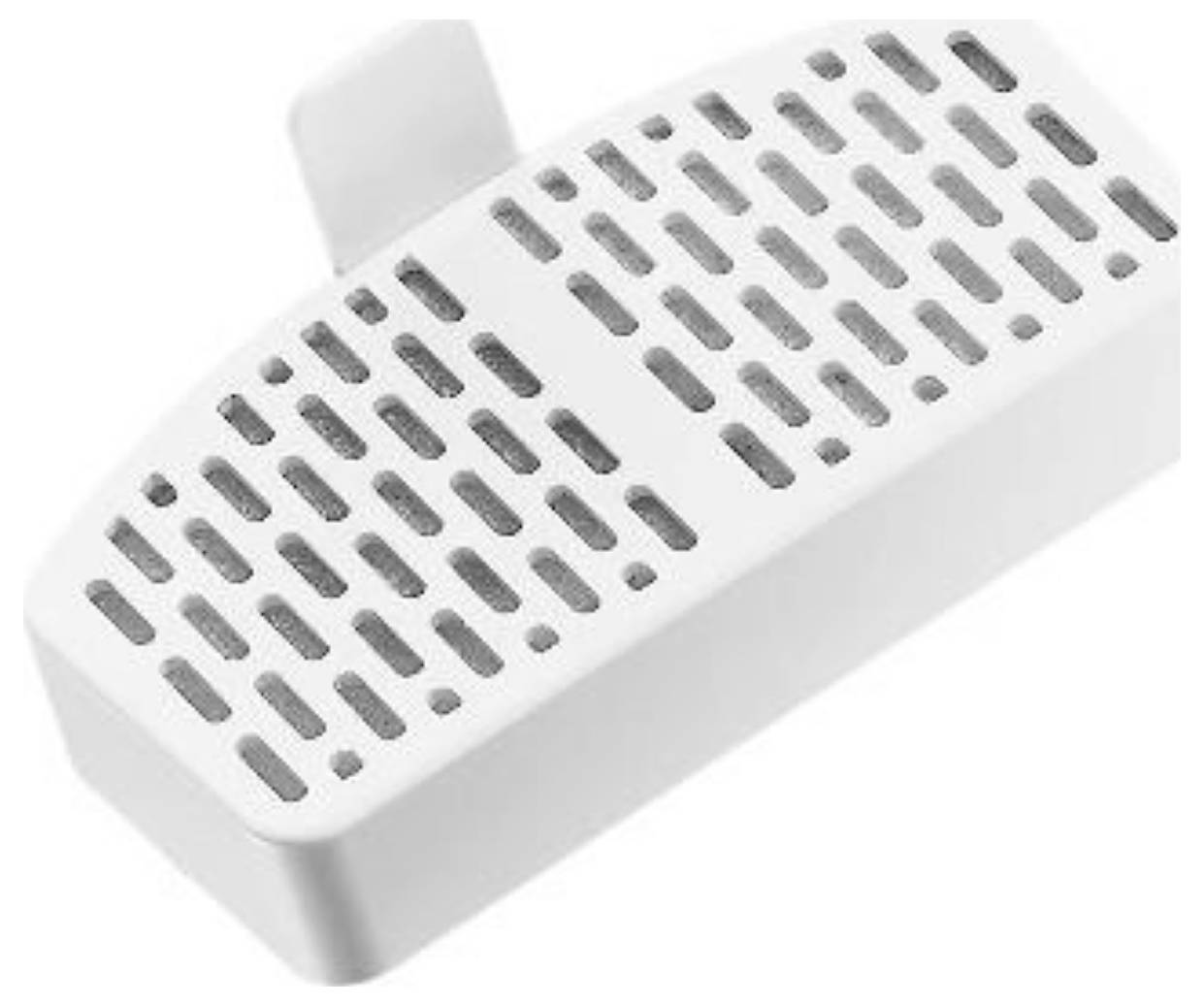 Un boîtier rectangulaire blanc en plastique avec plusieurs fentes de ventilation en forme de losange sur le dessus.