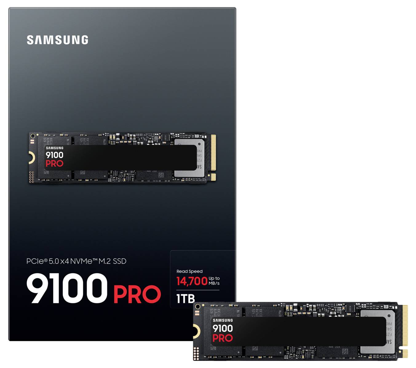 Samsung 9100 PRO PCIe 5.0 x4 NVMe M.2 SSD avec 1 To de stockage, vitesse de lecture allant jusqu'à 14 700 Mo/s, photo du produit sur l'emballage.