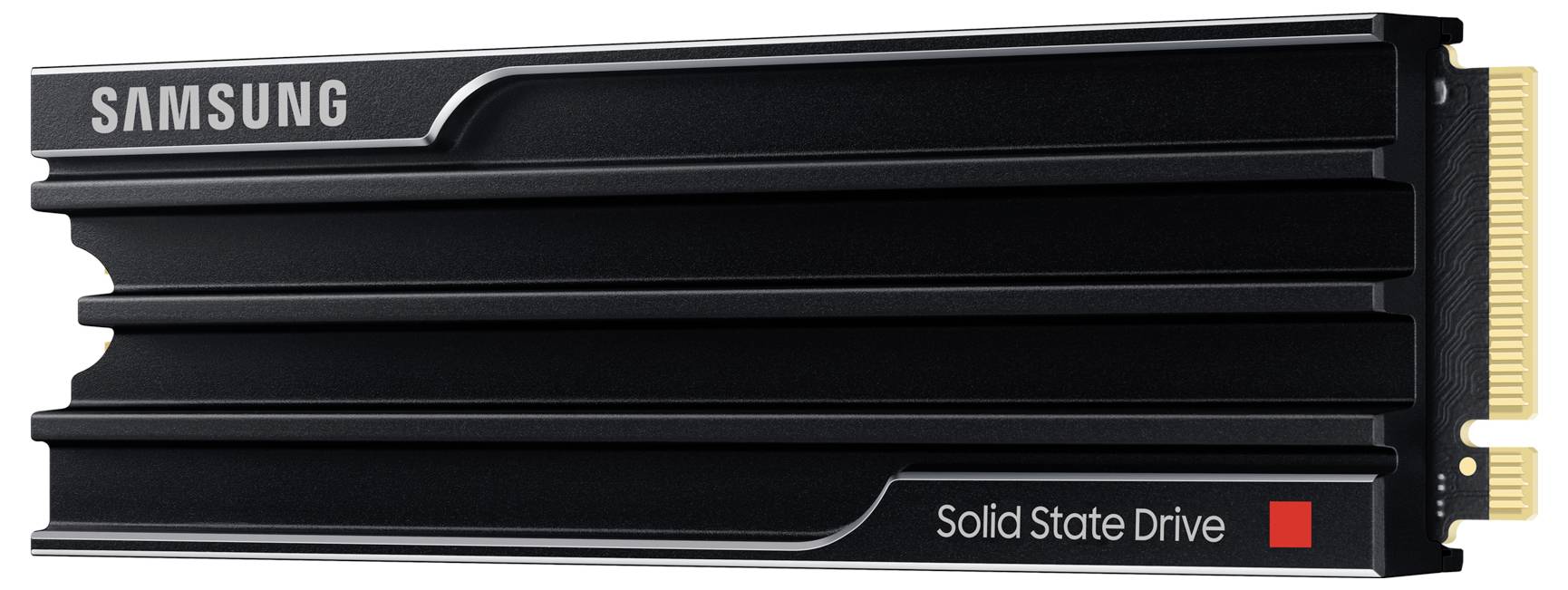 Disque dur SSD Samsung noir avec boîtier strié et connecteur doré. Texte 'Solid State Drive' sur la face avant.