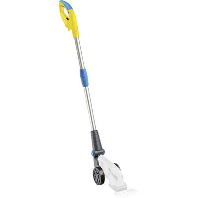Un désherbeur électrique à poignée jaune et équipé de roues pour une manipulation facile dans le jardin.