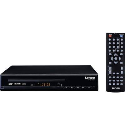 Lecteur DVD avec télécommande ; marque 'Lenco'. La face avant présente les commandes et un petit écran affichant l'heure '03:40:8'.