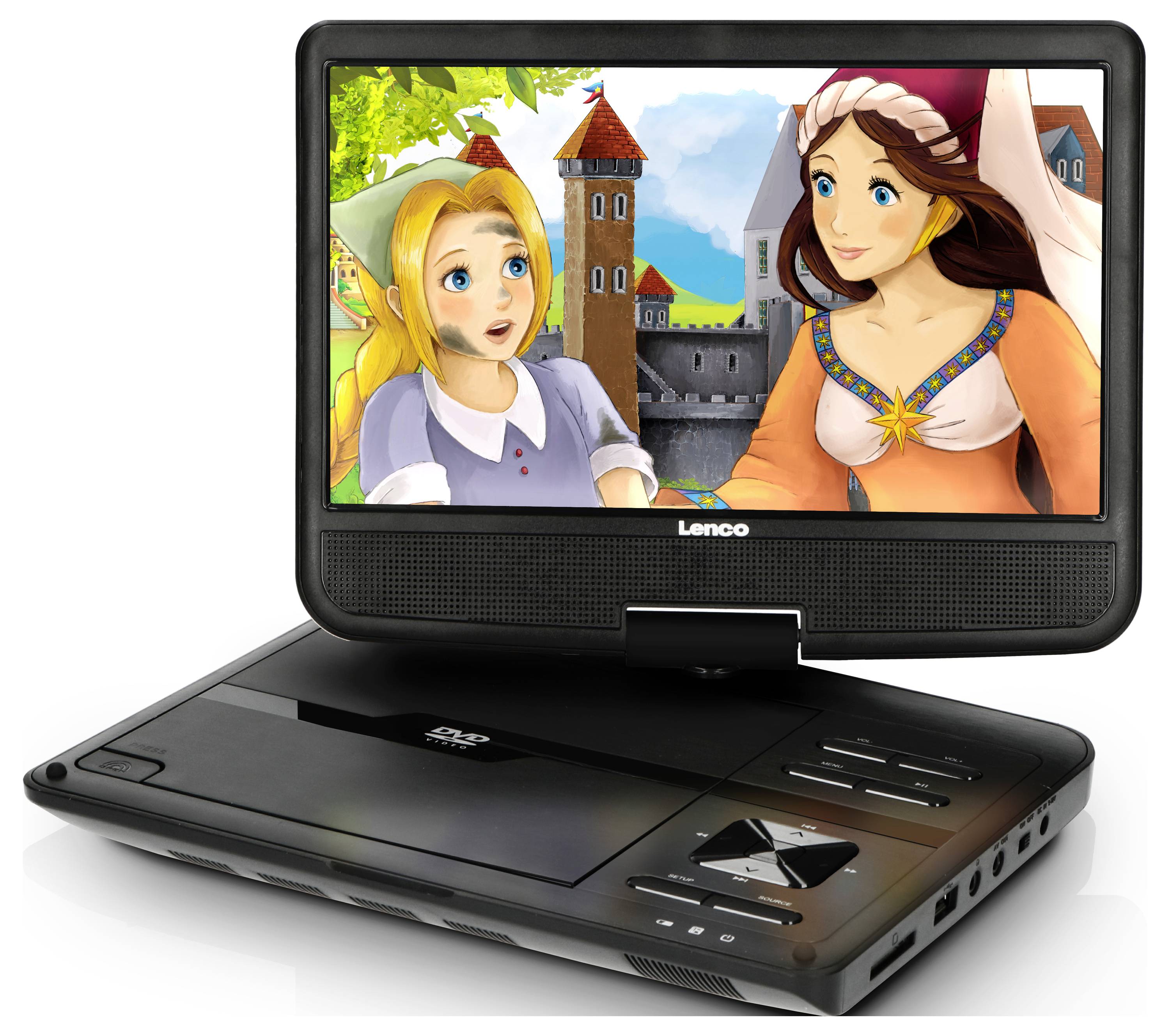 Un lecteur DVD portable affiche une scène animée montrant deux personnages vêtus de costume médiéval devant un château.