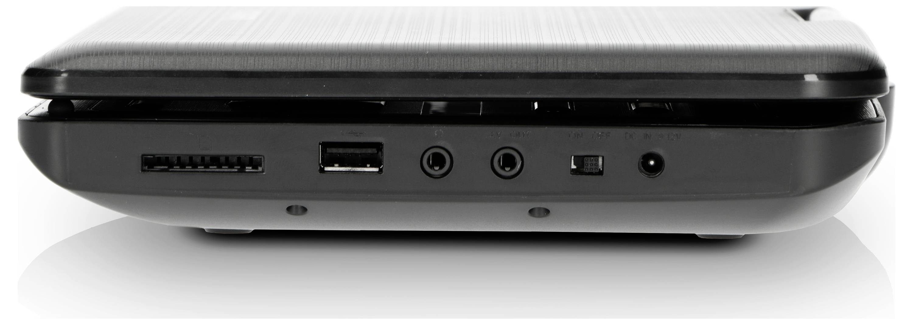 Ordinateur portable vu de côté, montrant les ports : lecteur de cartes, port USB, ports audio et port de charge. Design plat et moderne.