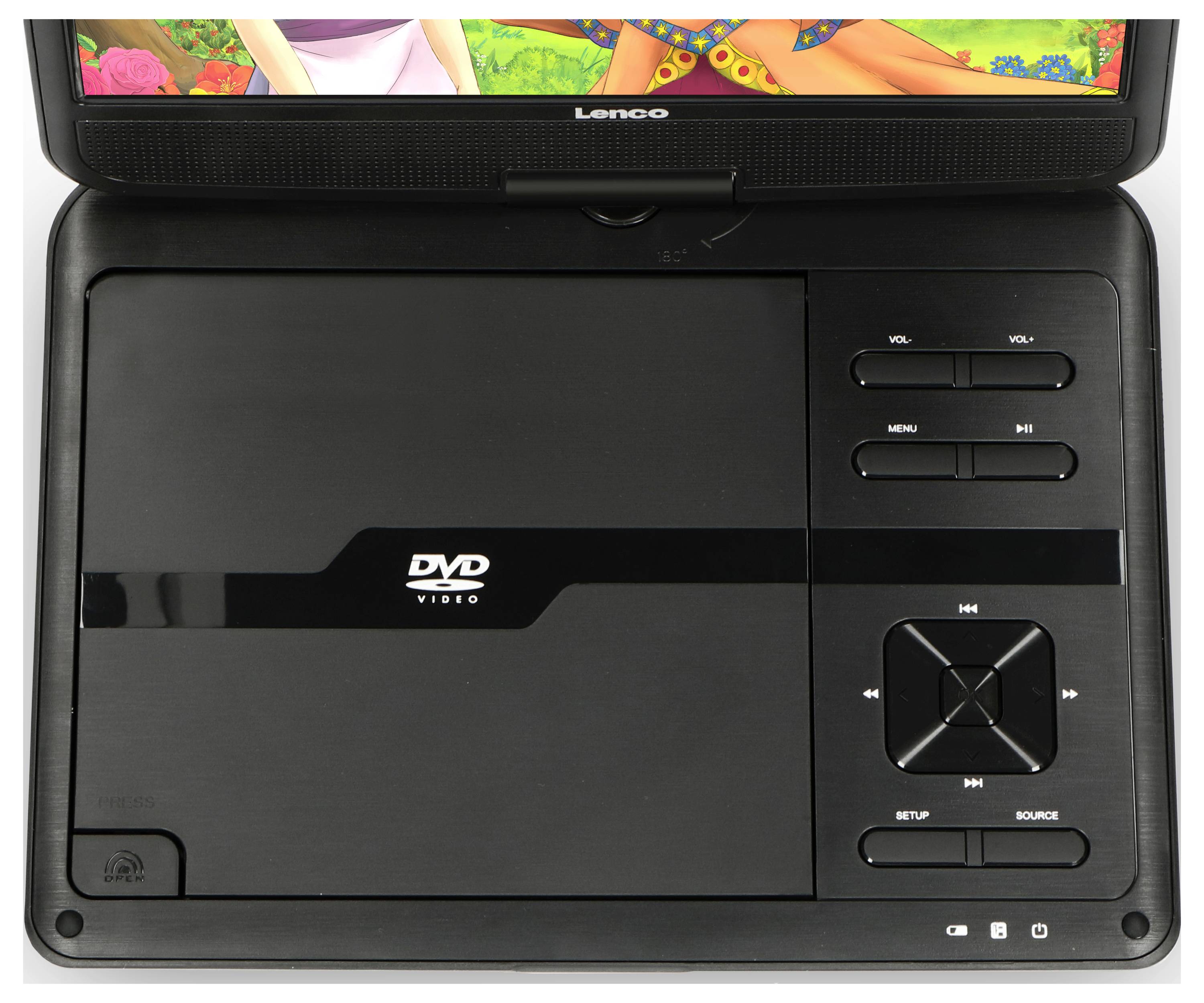 Un lecteur DVD portable avec un écran, des boutons de commande et un compartiment DVD sur le côté droit. L'appareil est adapté pour regarder des vidéos.