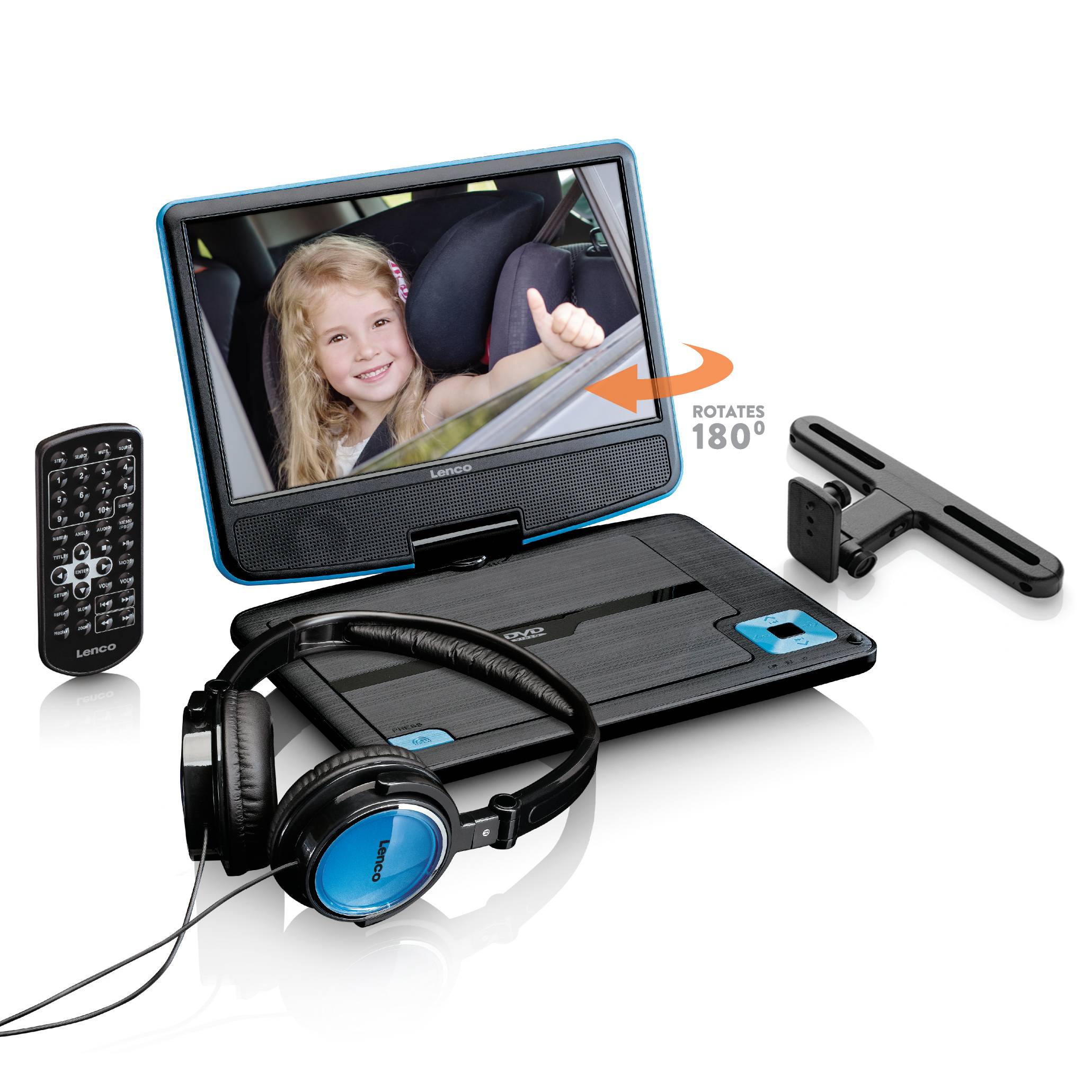 Un lecteur DVD portable avec écran pivotant montre un enfant souriant dans une voiture. Comprend des écouteurs et une télécommande.