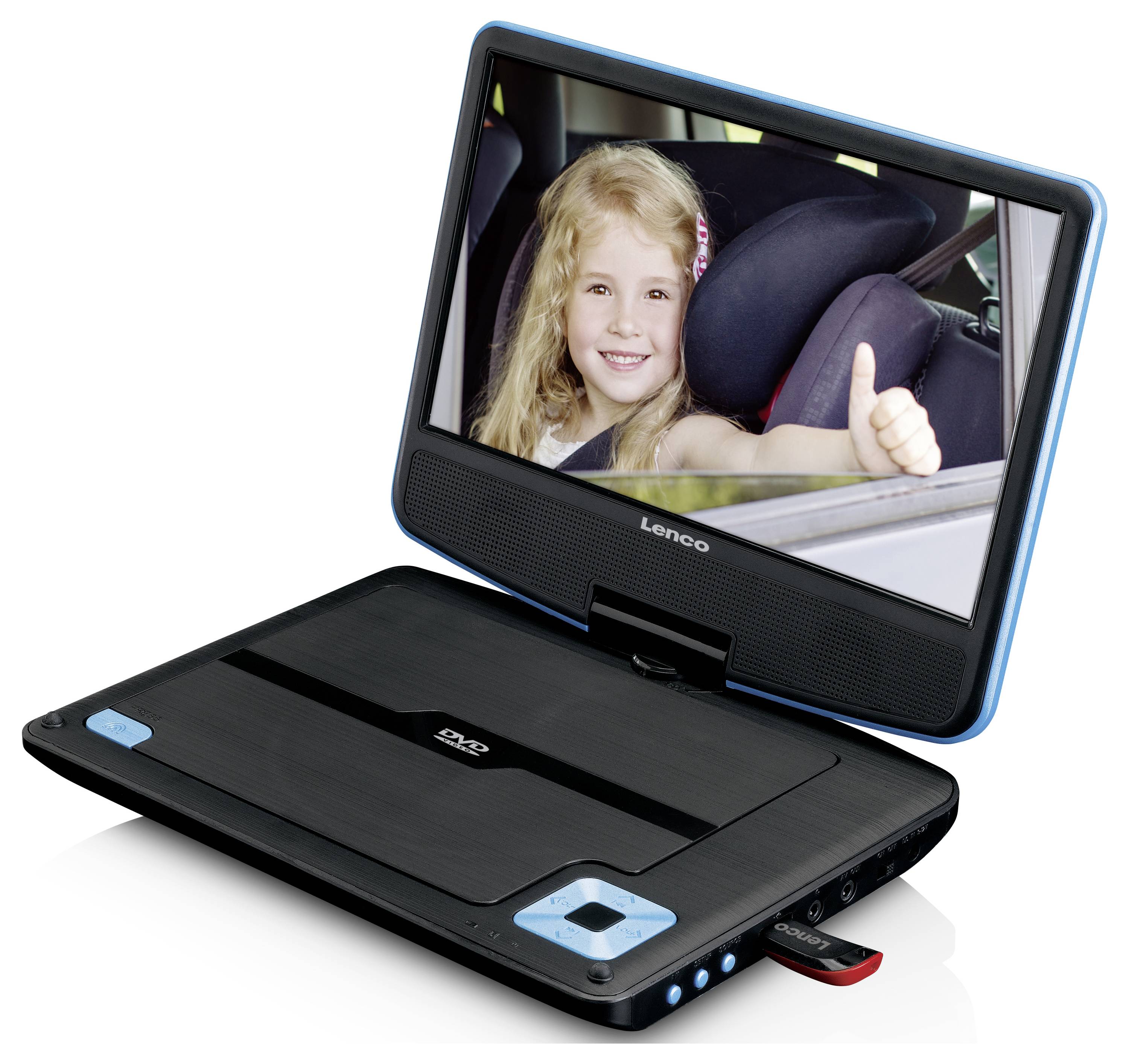Un lecteur DVD portable avec écran rabattable affiche l'image d'un enfant souriant qui fait un pouce levé.