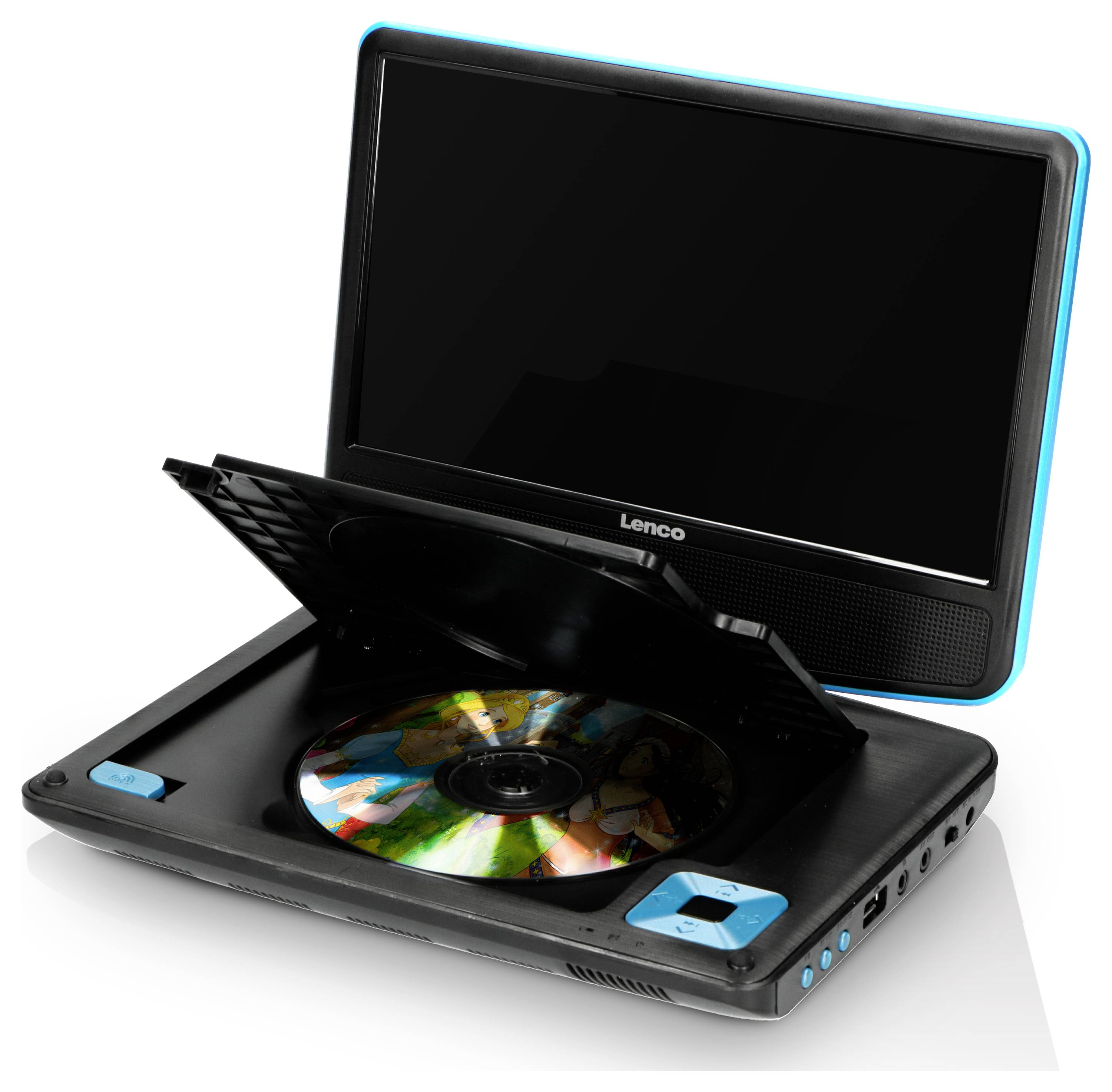 Lecteur DVD portable avec couvercle ouvert et CD coloré inséré, boîtier noir avec bordure bleue.