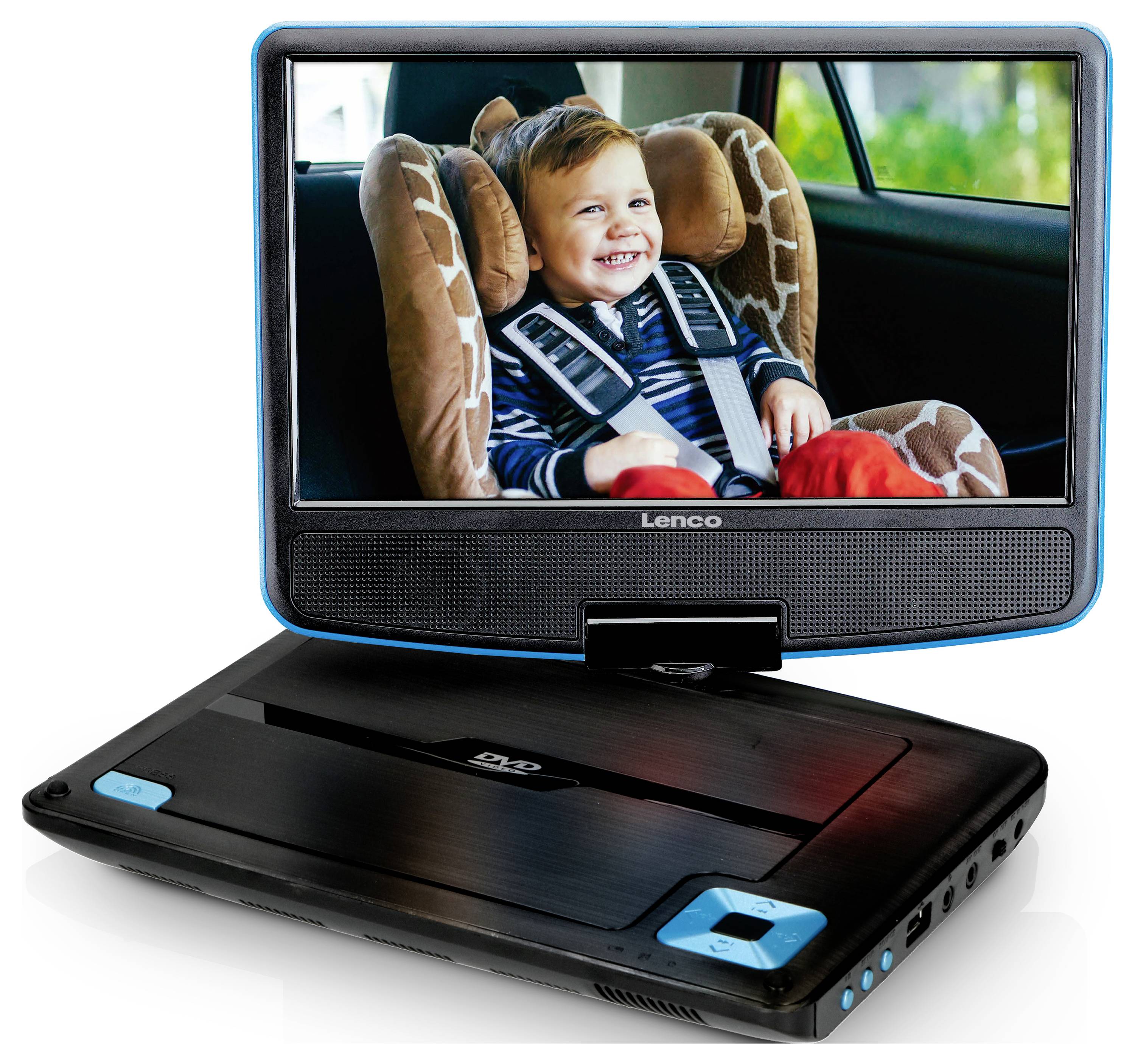 Un lecteur DVD portable avec un enfant joyeux souriant dans son siège d'auto. L'écran montre une gros plan de l'enfant.
