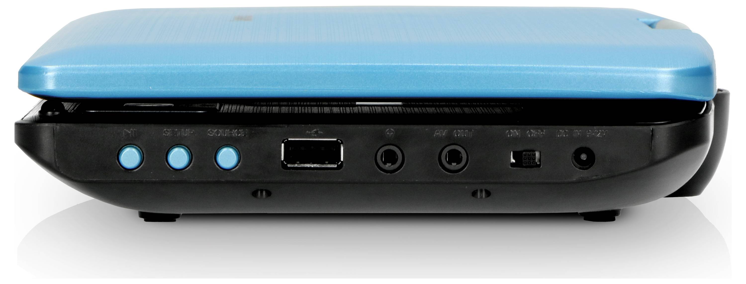 Entrée à l'arrière d'un lecteur DVD portable bleu avec plusieurs connexions et touches.
