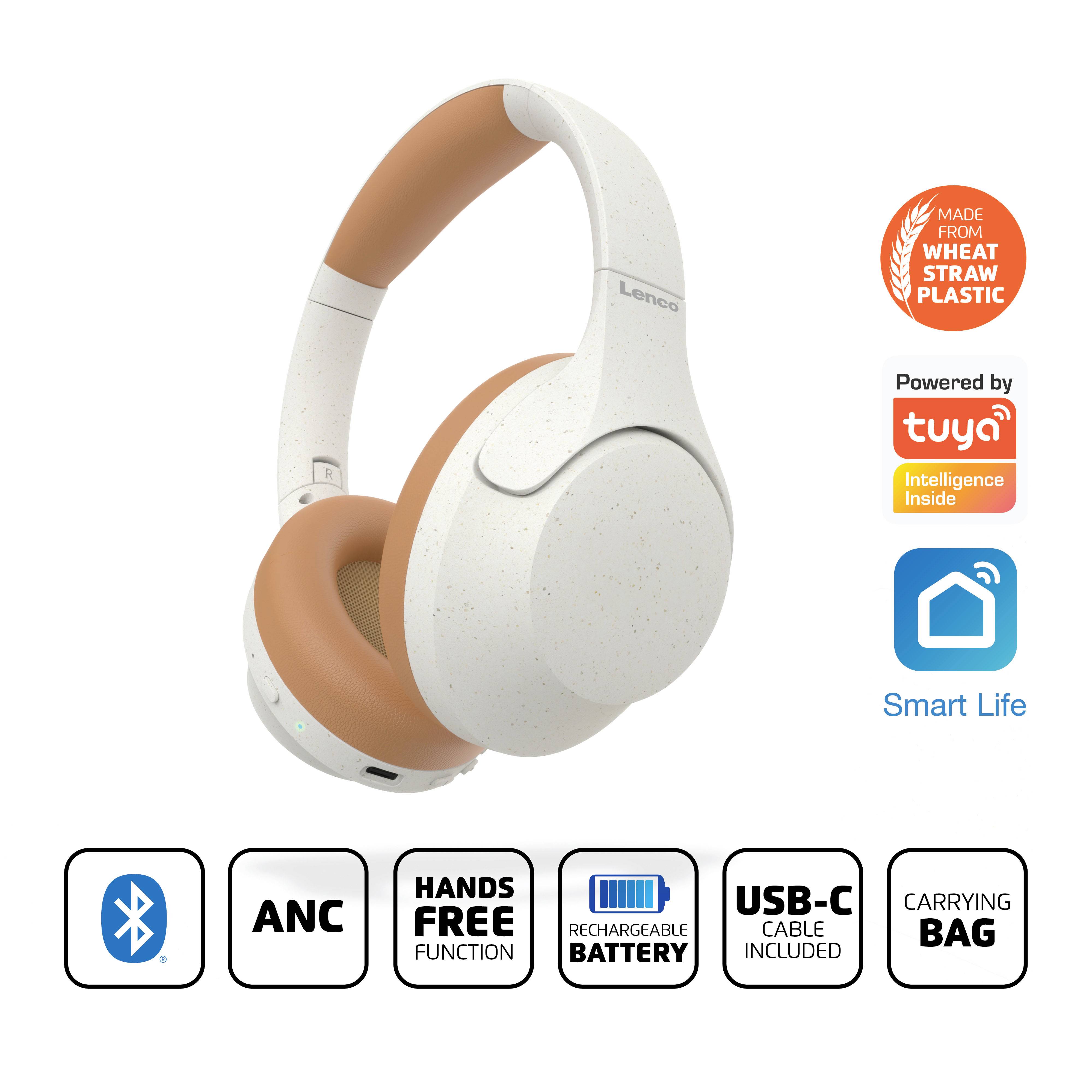 Casque audio avec coussinets d'oreille marron. Fonctions : Réduction active du bruit, kit mains libres, batterie rechargeable, USB-C, étui de transport. Compatible avec la domotique.