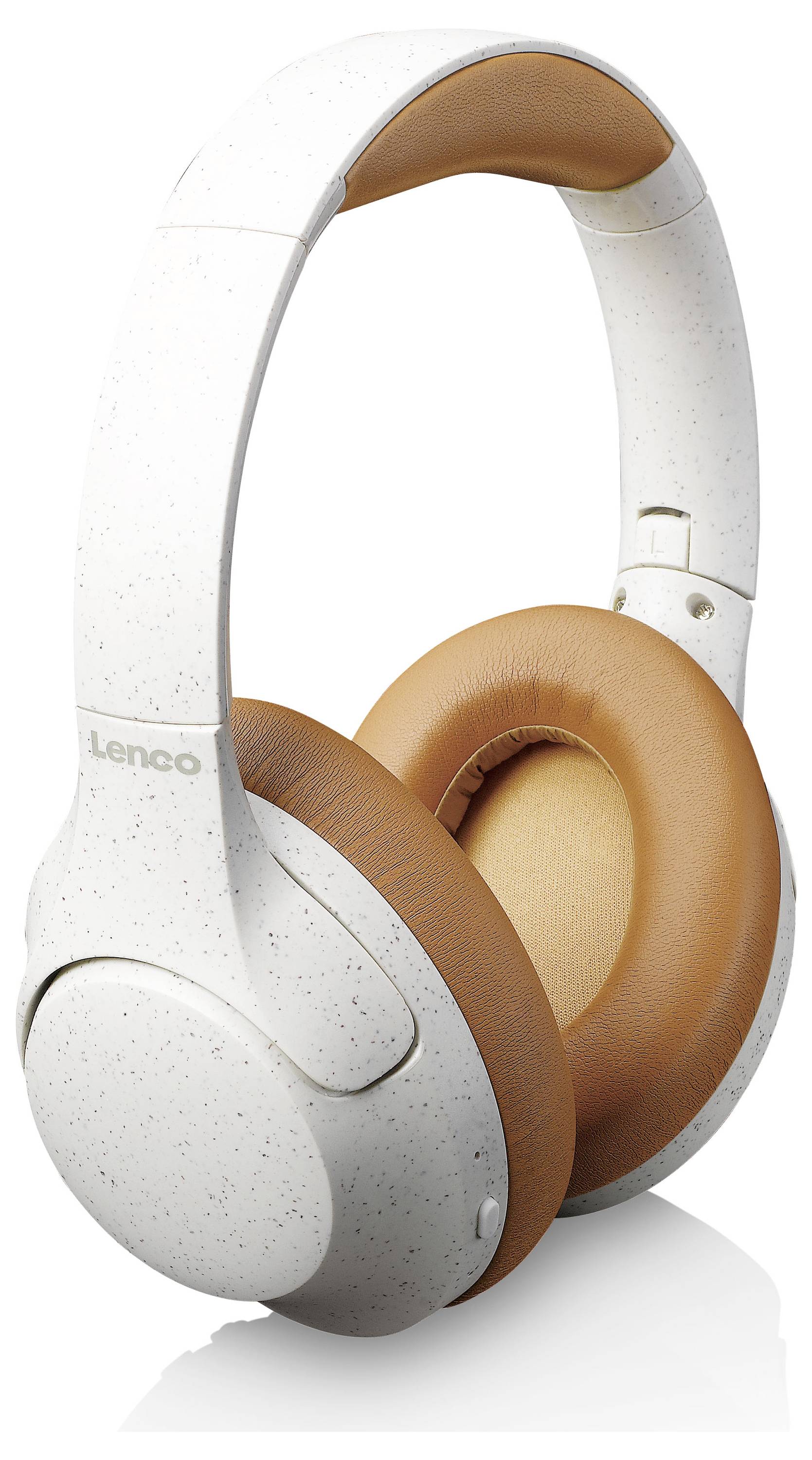 Casque audio blanc supra-auriculaire avec coussinets et arceau marron. Marque 'Lenco'.