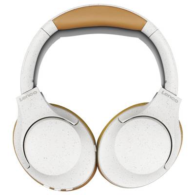 Casque audio blanc avec coussinets beiges, pliable et sans fil, sur fond blanc.