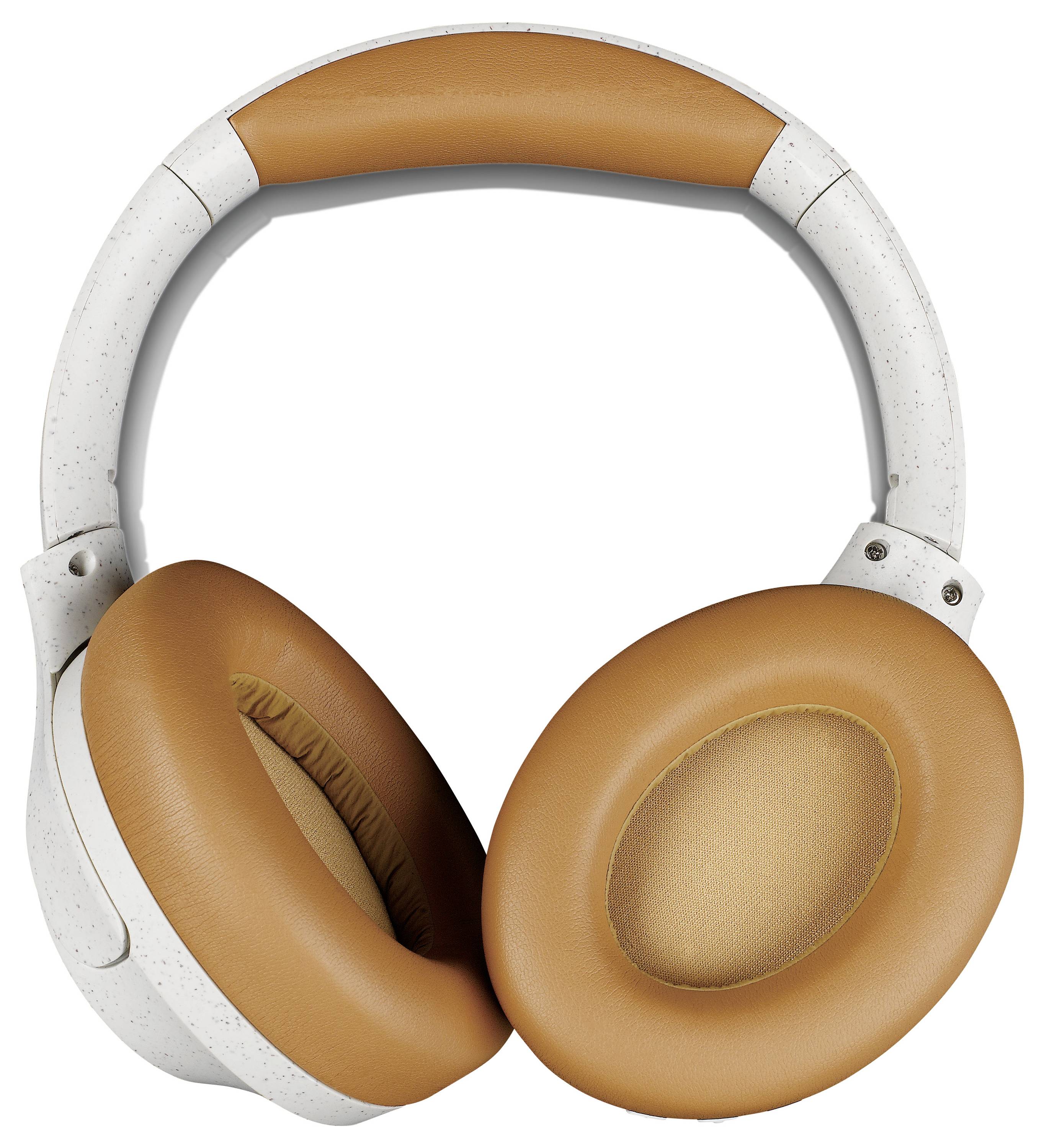 Casque audio en blanc et marron avec des coussinets d'oreille rembourrés, adapté pour la musique et les appels.