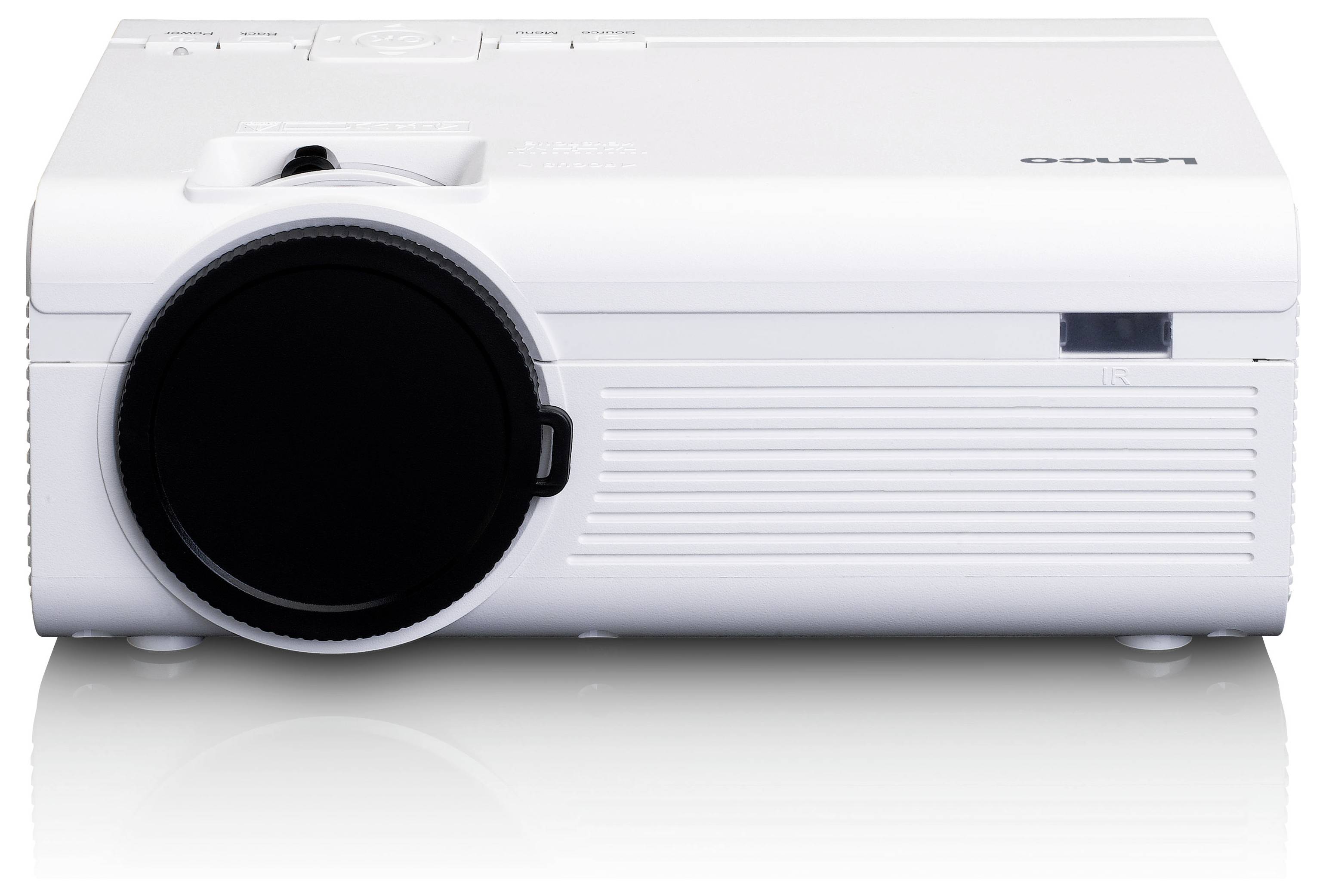 Un projecteur blanc avec un objectif noir est posé sur une surface lisse. Son design est moderne et épuré.