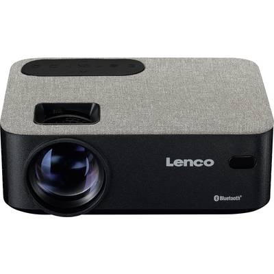 'Projecteur portable Lenco avec surface supérieure grise et grande lentille à l'avant, compatible Bluetooth. Idéal pour les présentations mobiles.'