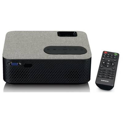 Projecteur gris et noir avec surface textile, port VGA à gauche, télécommande noire avec touches colorées à droite.