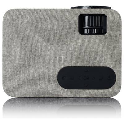 Projecteur portable gris avec surface texturée, roues de mise au point rondes en haut à droite et panneau de commande avec symboles en bas.