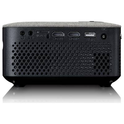 Projecteur compact vu de l'arrière avec connexions : AV, Micro SD, HDMI, HDMI ARC, USB et port d'alimentation DC.