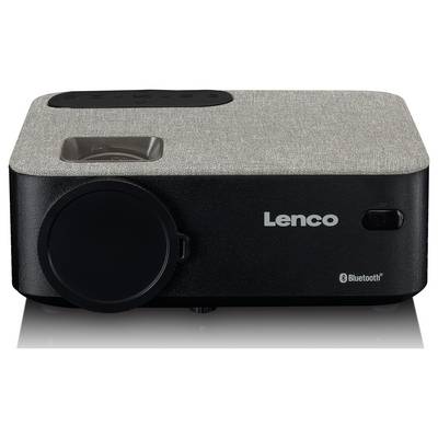 Un projecteur Lenco gris avec un bord noir et un logo Bluetooth. La lentille du projecteur se trouve à gauche, le logo Lenco à droite.