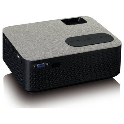 'Projecteur portable noir avec housse en tissu gris, panneau de commande supérieur avec symboles et ports de connexion latéraux, comprenant un port VGA.'