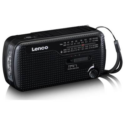 Un poste radio portable noir avec échelle de réglage FM/AM/SW, panneau solaire en haut, manivelle sur le côté et lampe LED. Marque 'Lenco'.