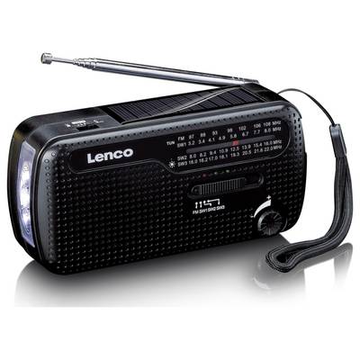 Radio portable avec manivelle, panneau solaire et lampe de poche. Fréquences et commandes visibles. Bracelet et antenne télescopique en haut.