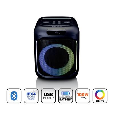 Enceinte portable avec éclairage LED coloré, fonction Bluetooth, protection IPX4, lecteur USB, batterie rechargeable et puissance de 100W. Des symboles illustrent les fonctionnalités.