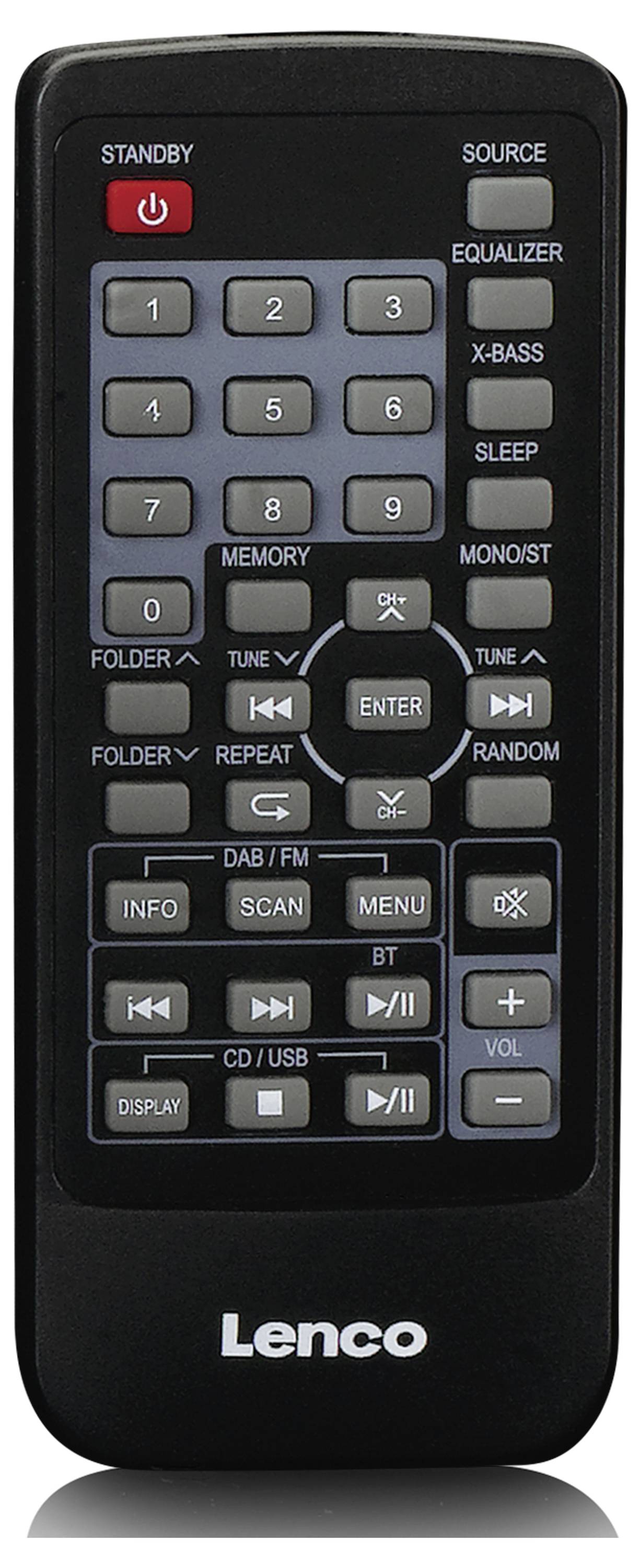 Une télécommande noire avec des touches rouges, grises et blanches, comprenant la touche de mise en veille, les touches numériques, le contrôle du volume et les touches de lecture.