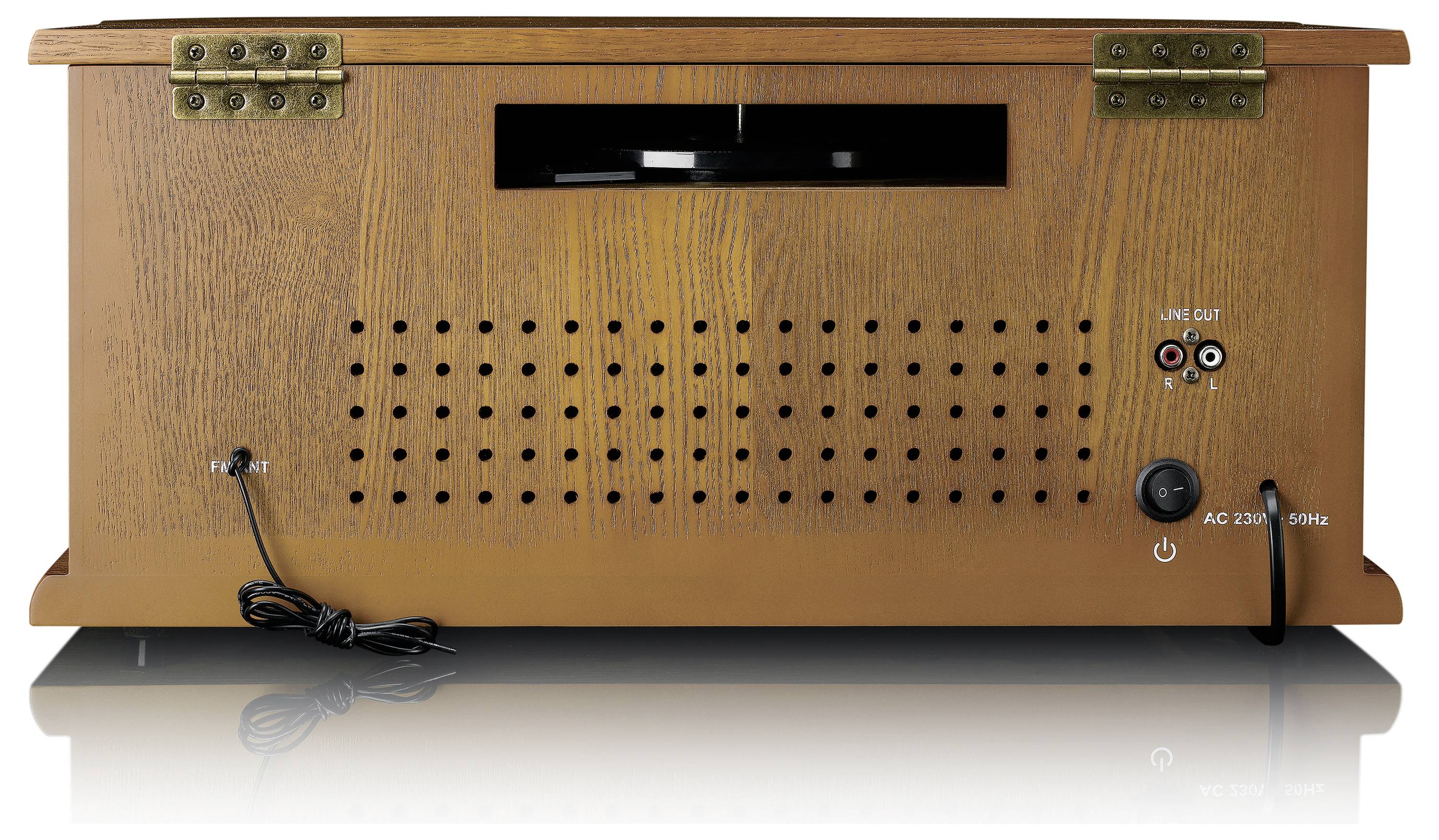 Vue arrière d'un tourne-disque en bois avec grilles de ventilation, connexions Line-Out et câble d'alimentation.