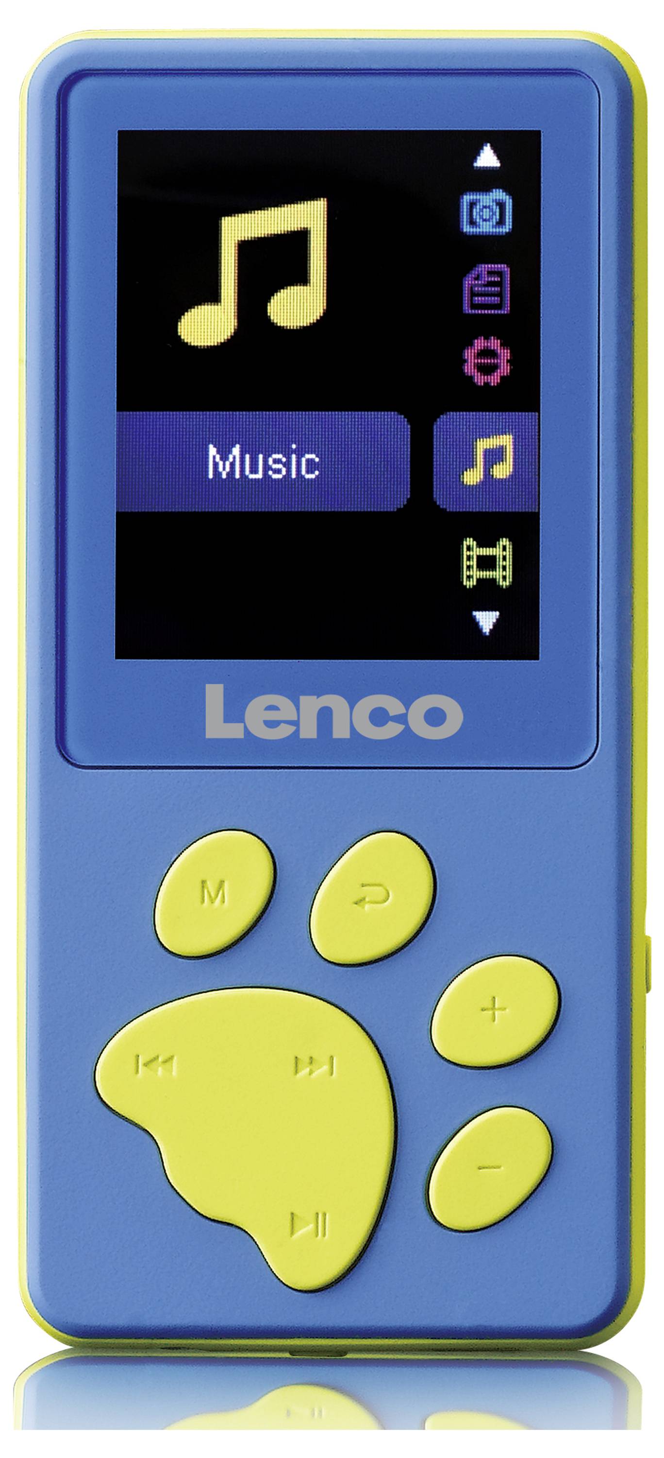 Lecteur de musique portable bleu et jaune avec écran, affichant un symbole de musique et des options de menu. Boutons de commande en dessous, conçus en forme de patte.
