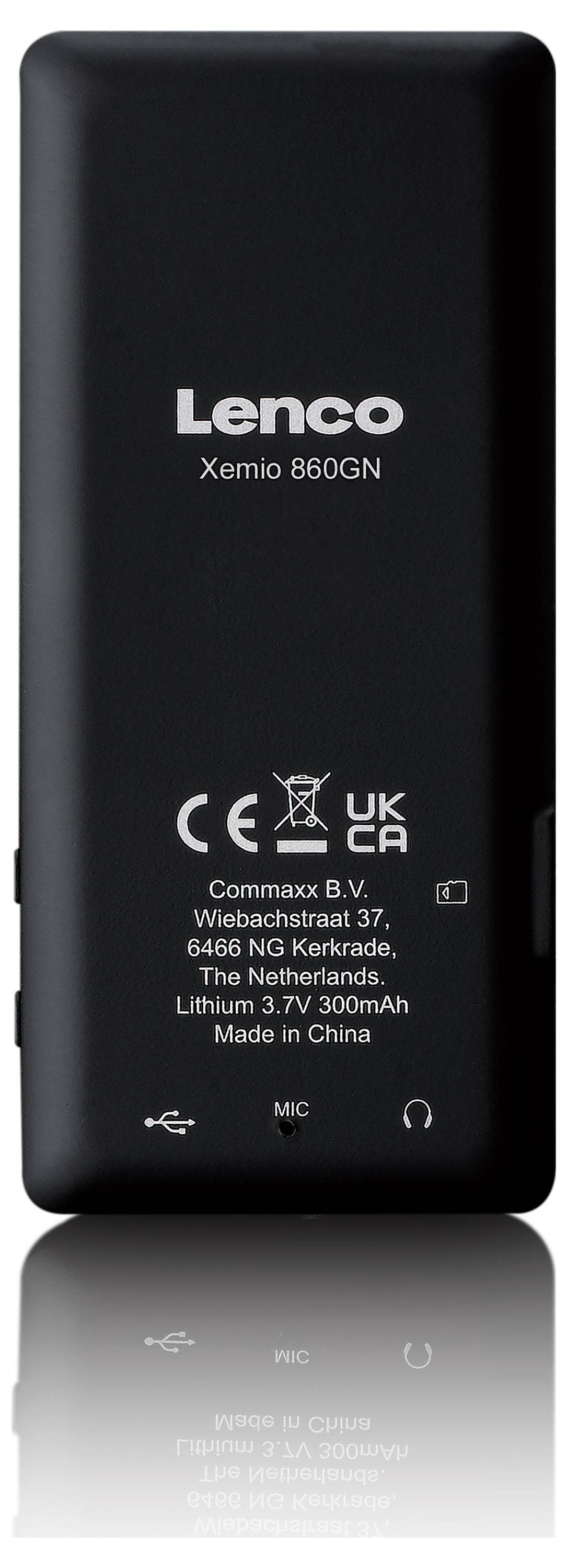 Appareil noir portant l'inscription 'Lenco Xemio 860GN'. Les informations concernant le fabricant, le modèle, la batterie et le lieu d'origine sont imprimées.