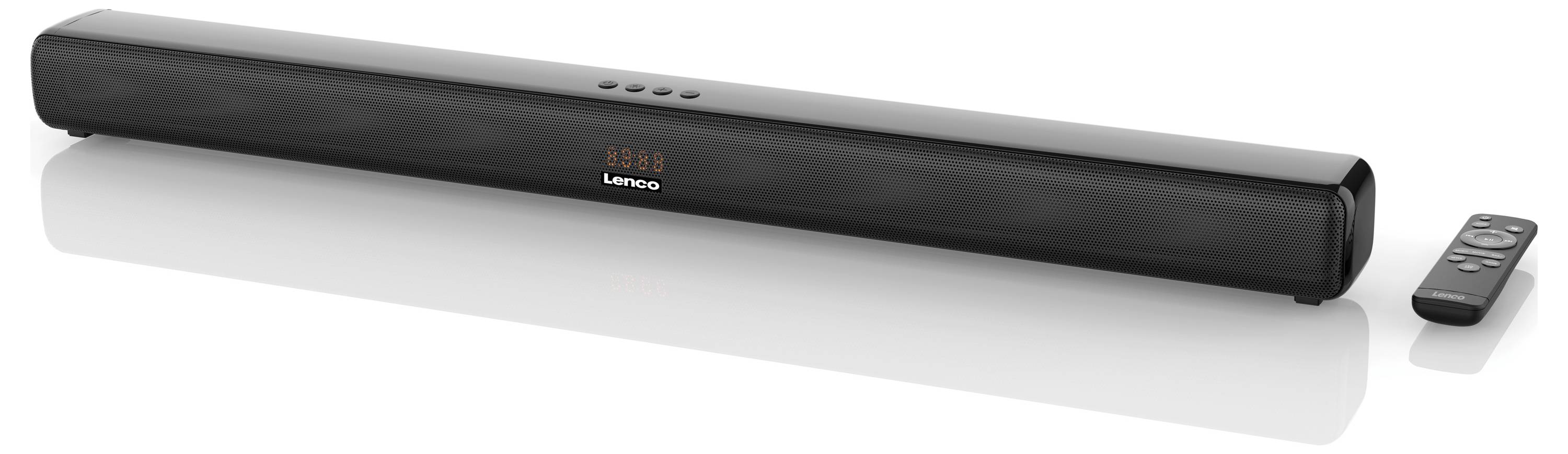 Barre de son noire avec affichage LED indiquant '13:45', à côté d'une télécommande. Technologie audio moderne au design épuré.