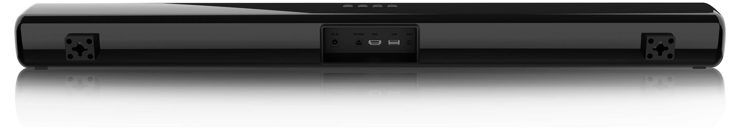 Une barre de son noire, rectangulaire, avec une surface lisse et un panneau de commande central, adaptée à l'amplification audio dans les systèmes home-cinéma.
