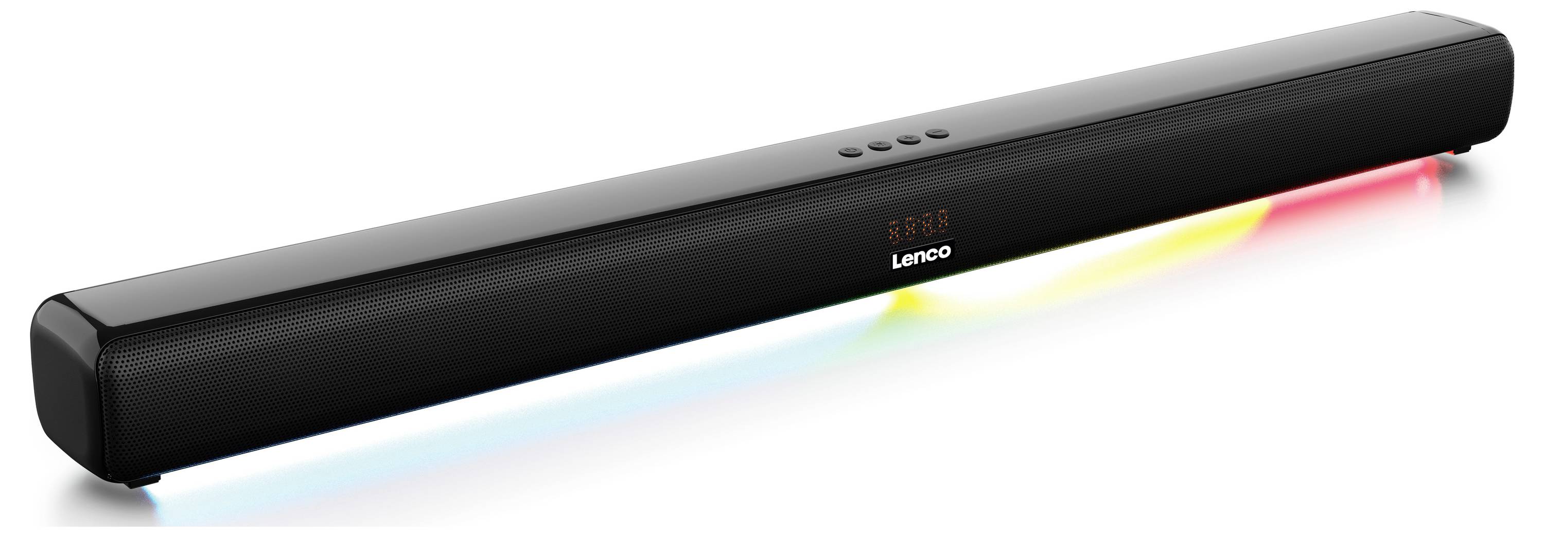 Barre de son noire avec des lumières LED en rouge, jaune et bleu sur la partie inférieure. Plusieurs touches de contrôle sont situées sur le dessus.