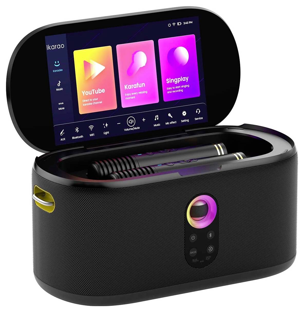Enceinte avec un couvercle ouvert montrant un écran tactile affichant les applications : « YouTube », « Karafun » et « Singplay ». Des microphones sont rangés à l'intérieur.