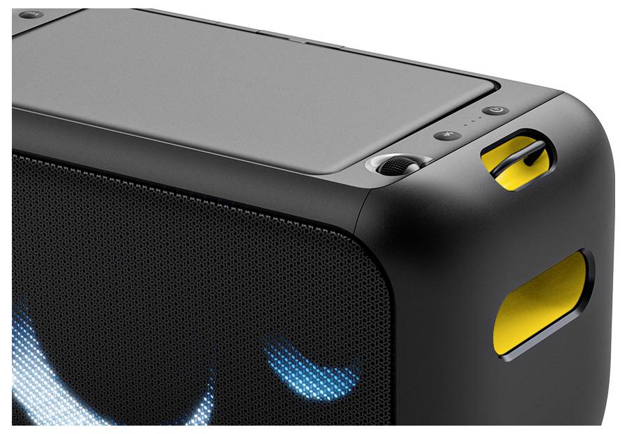 Un haut-parleur portable noir avec un détail jaune sur le côté. Il s'illumine en bleu à l'avant, affichant des lumières ou un écran.
