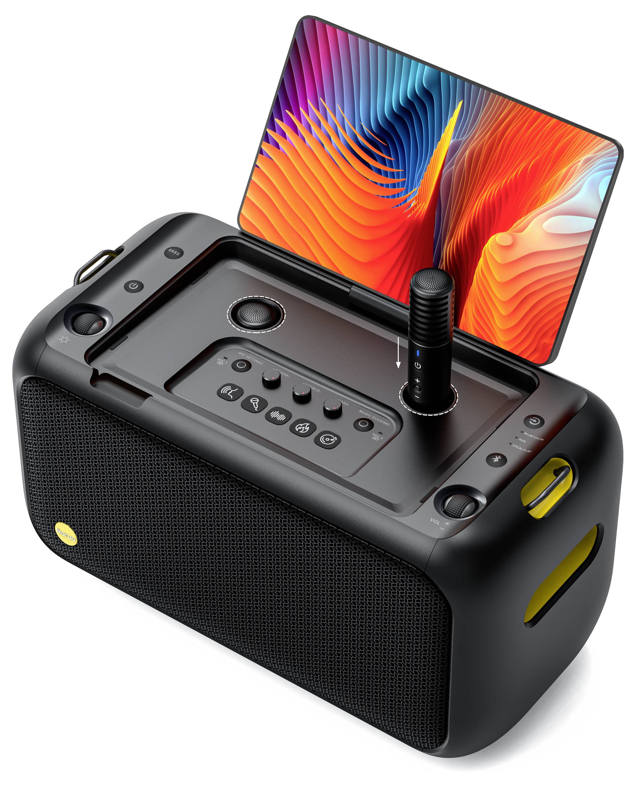 'Enceinte portable noire avec affichage numérique et écran couleur présentant un motif abstrait, design élégant.'