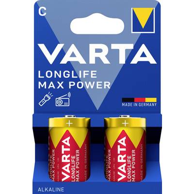 Deux piles alcalines C VARTA LONGLIFE MAX POWER dans un emballage bleu avec un logo jaune et l'inscription 'Made in Germany'.