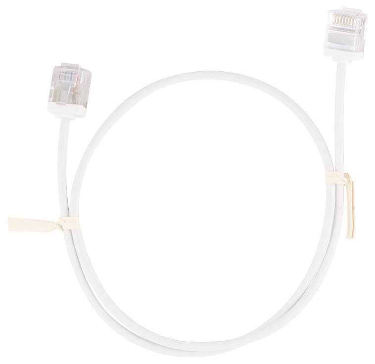 Un câble Ethernet blanc avec deux connecteurs en plastique aux extrémités, utilisé pour la transmission de données dans les connexions réseau.