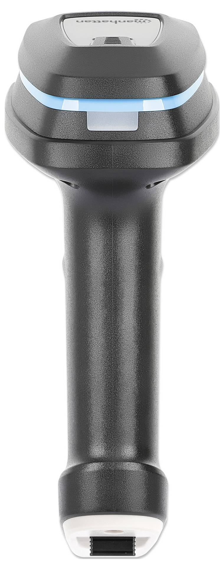 Un scanner portable noir sans fil avec une barre LED bleue, utilisé pour la lecture de codes-barres dans des environnements de stockage ou de vente au détail.